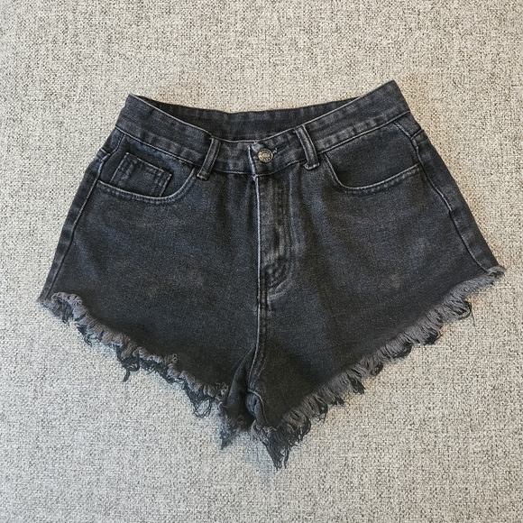 Shein Black High Waist Jean Cut Off Fray Shorts Flame Embroidered Pockets Size S - Picture 6 of 6